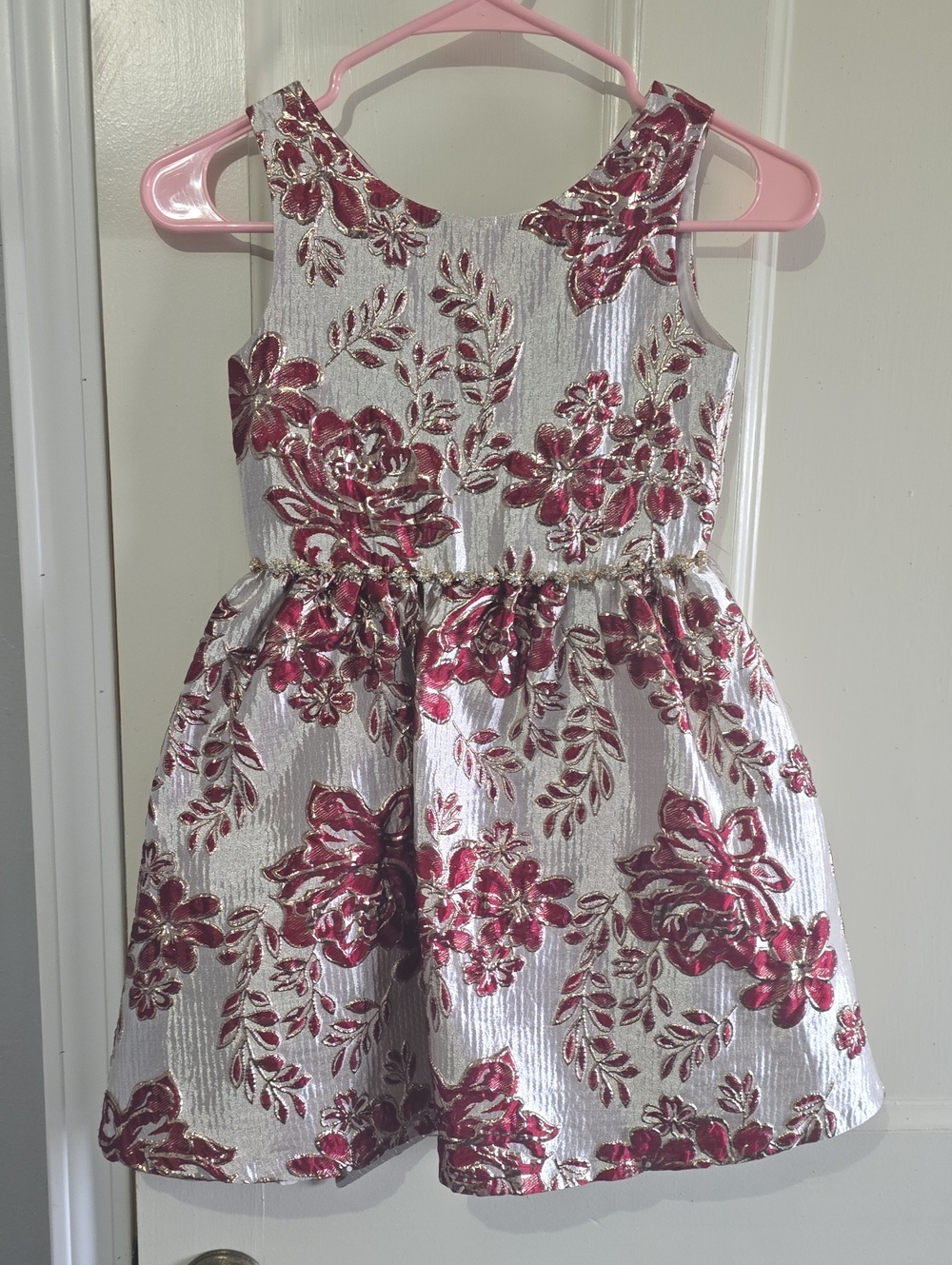 Girls Metallic Gold Dress with Red Floral Embroidery